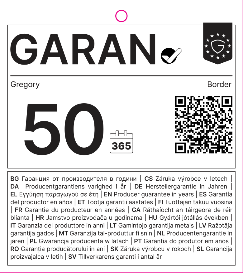 EU-GARAN-Label: Herstellergarantie in Jahren: 50 – Gregory