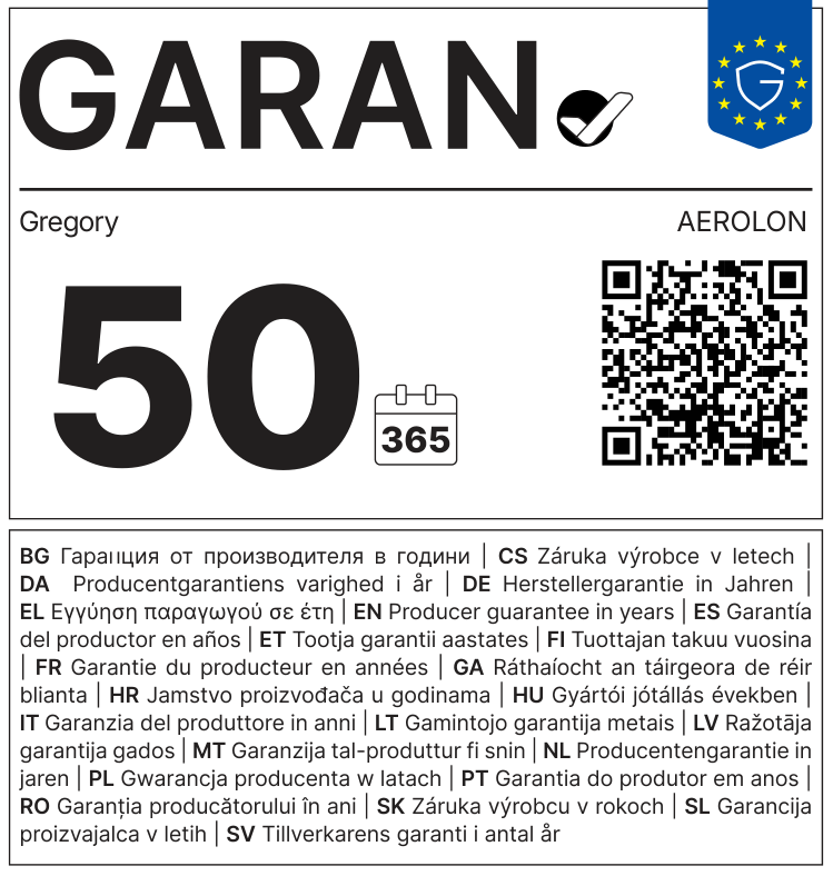 EU GARAN label: producer guarantee of durability in years: 50 – Gregory