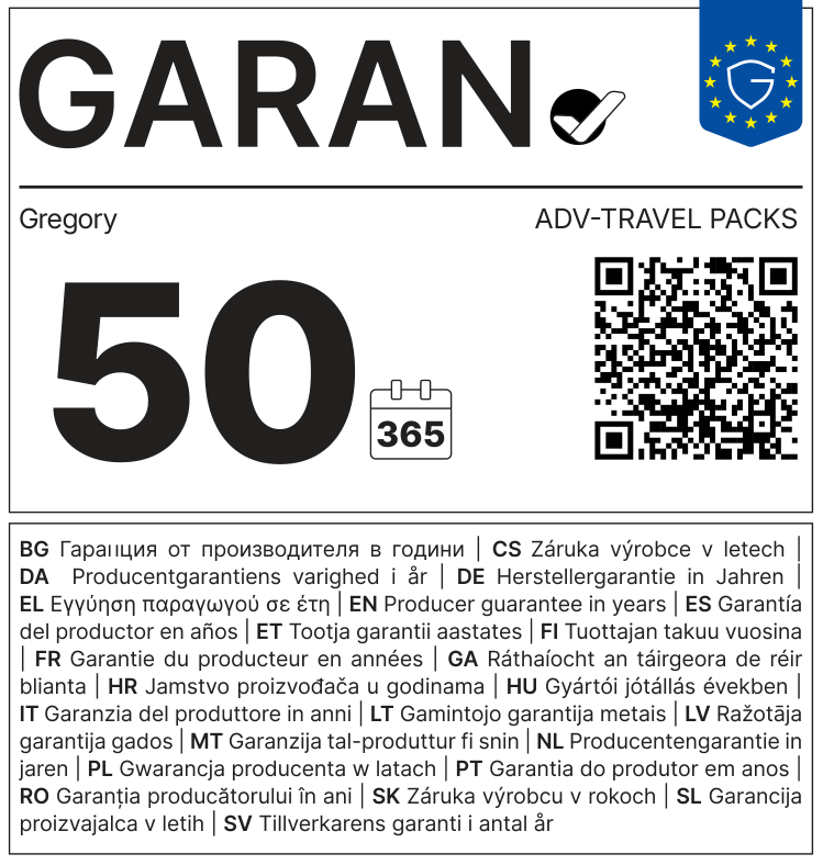 EU GARAN label: producer guarantee of durability in years: 50 – Gregory