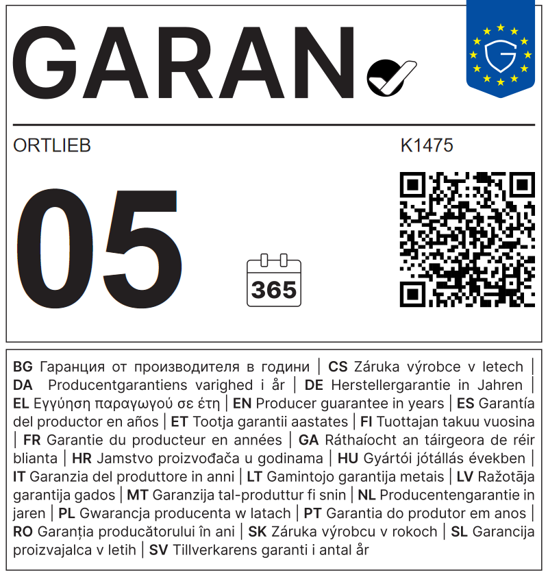Etiqueta GARAN de la UE: garantía del productor en años: 5 – Ortlieb