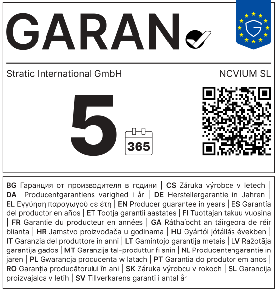 Etiqueta GARAN de la UE: garantía del productor en años: 5 – Stratic